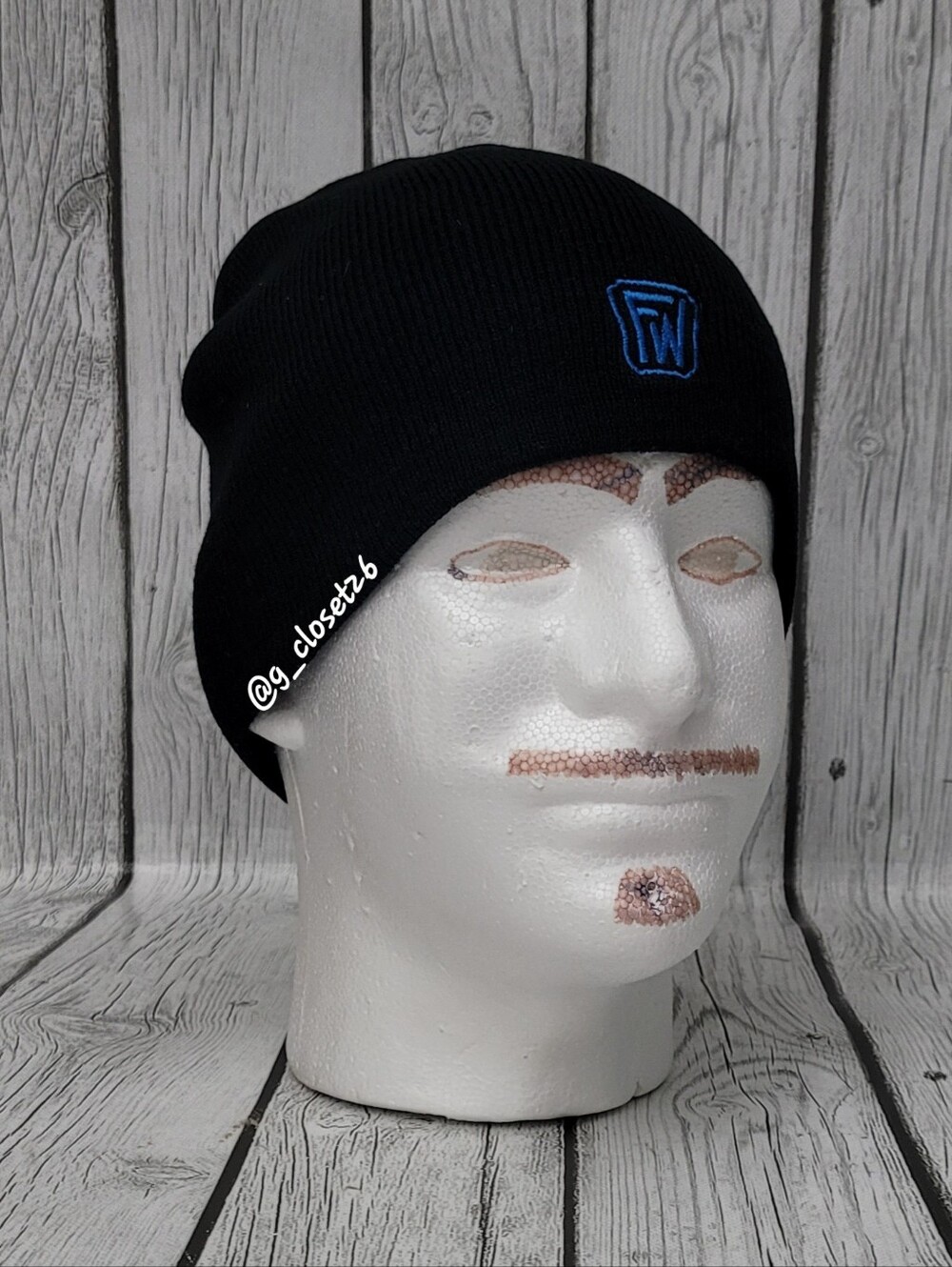 Vintage HIT WEAR Black Knit Beanie with Blue Embroidered "FW" Logo